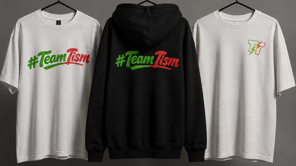Promotional graphic for Team Tism Clothing showing three apparel items hanging on a rack: a white T-shirt with a green and red '#TeamTism' graphic, a black hoodie with a matching green and red '#TeamTism' graphic on the back, and a white T-shirt with a small green and red logo. Large text above reads '#TeamTism CHECK OUT #TEAMTISM CLOTHING NOW AT teamtismclothing.